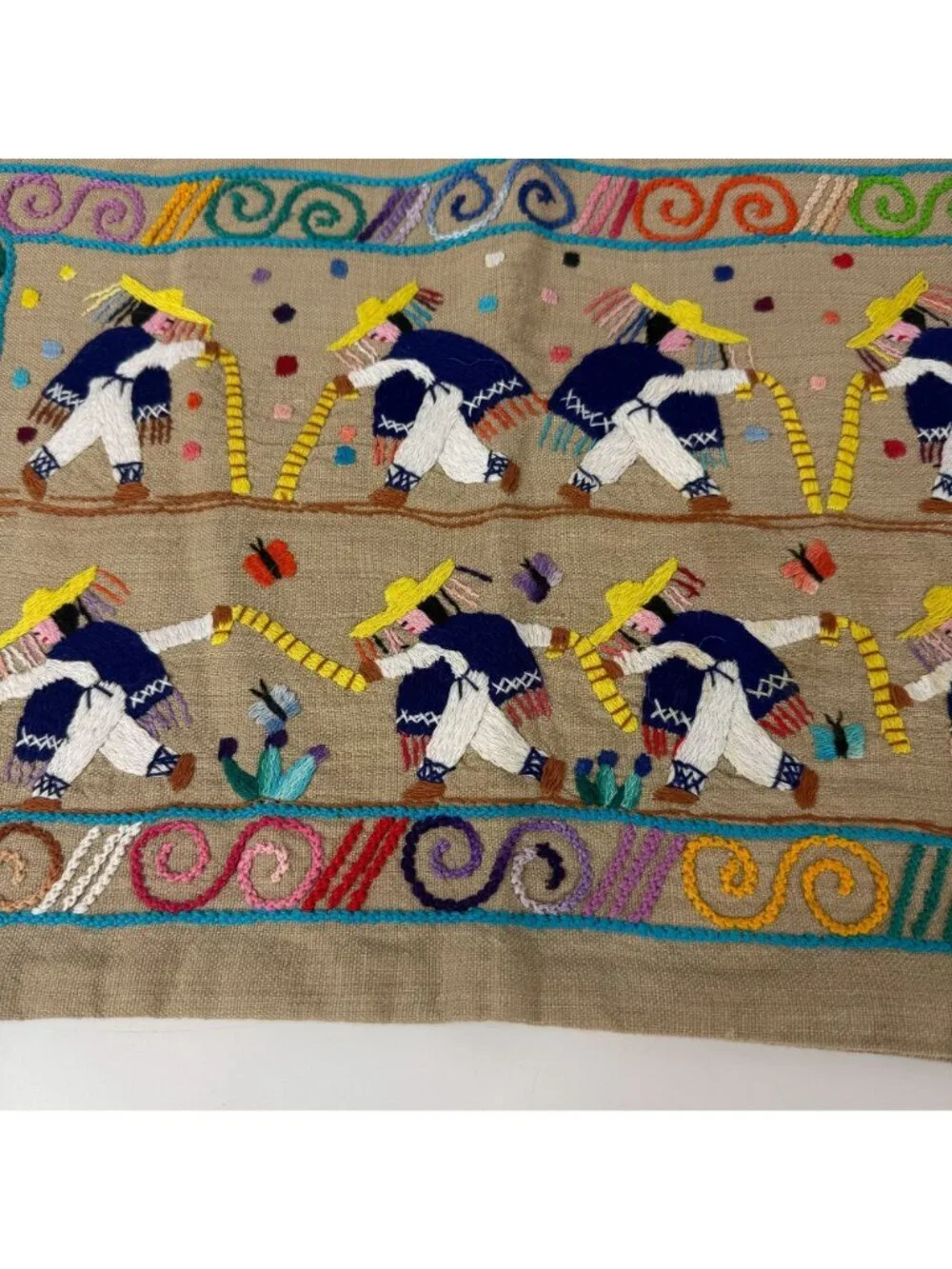 Vintage Mexican Embroidered Folk Art Story Cloth Rectangular Pillow Case
